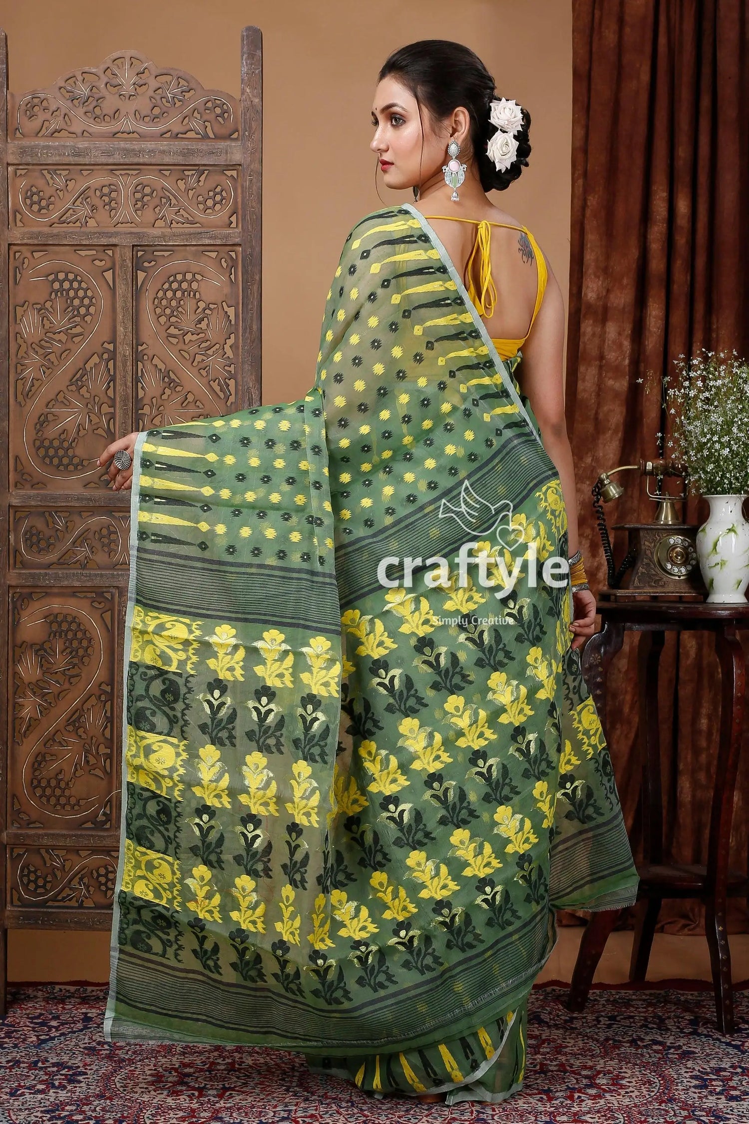 Russian green elegant jamdani saree for women green yellow floral saree 9