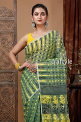 Russian green elegant jamdani saree for women green yellow patterned saree 4