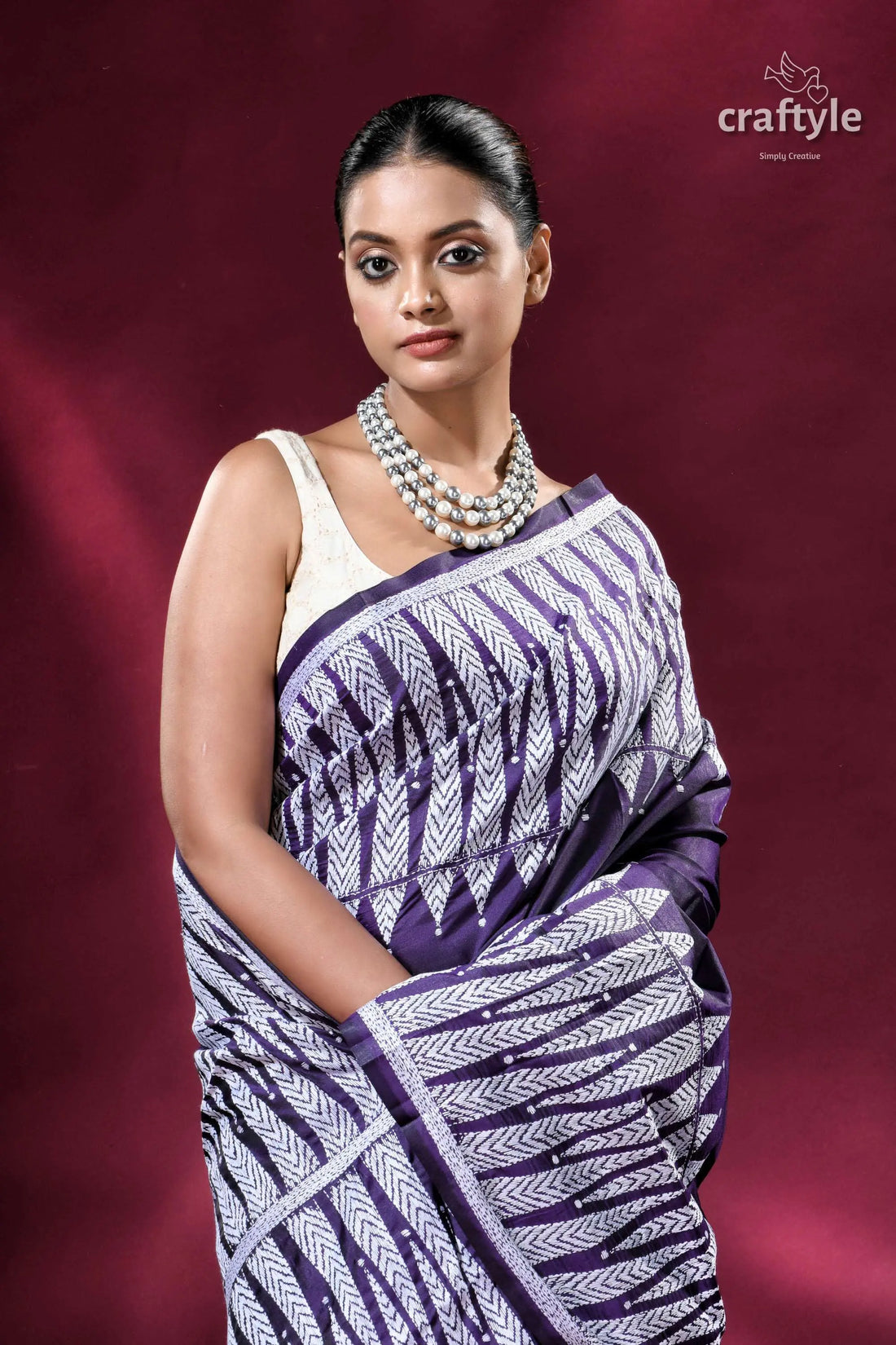 Russian violet and white temple design silk kantha saree elegant blue white patterned saree 2