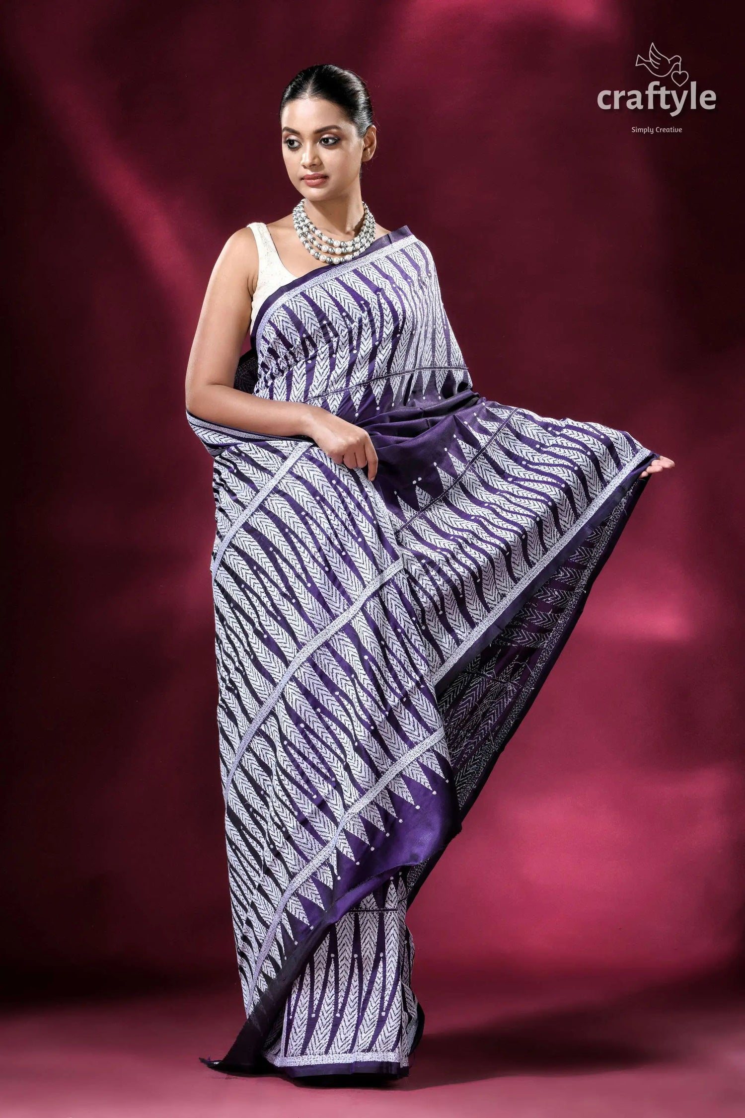 Russian violet and white temple design silk kantha saree elegant patterned saree 5