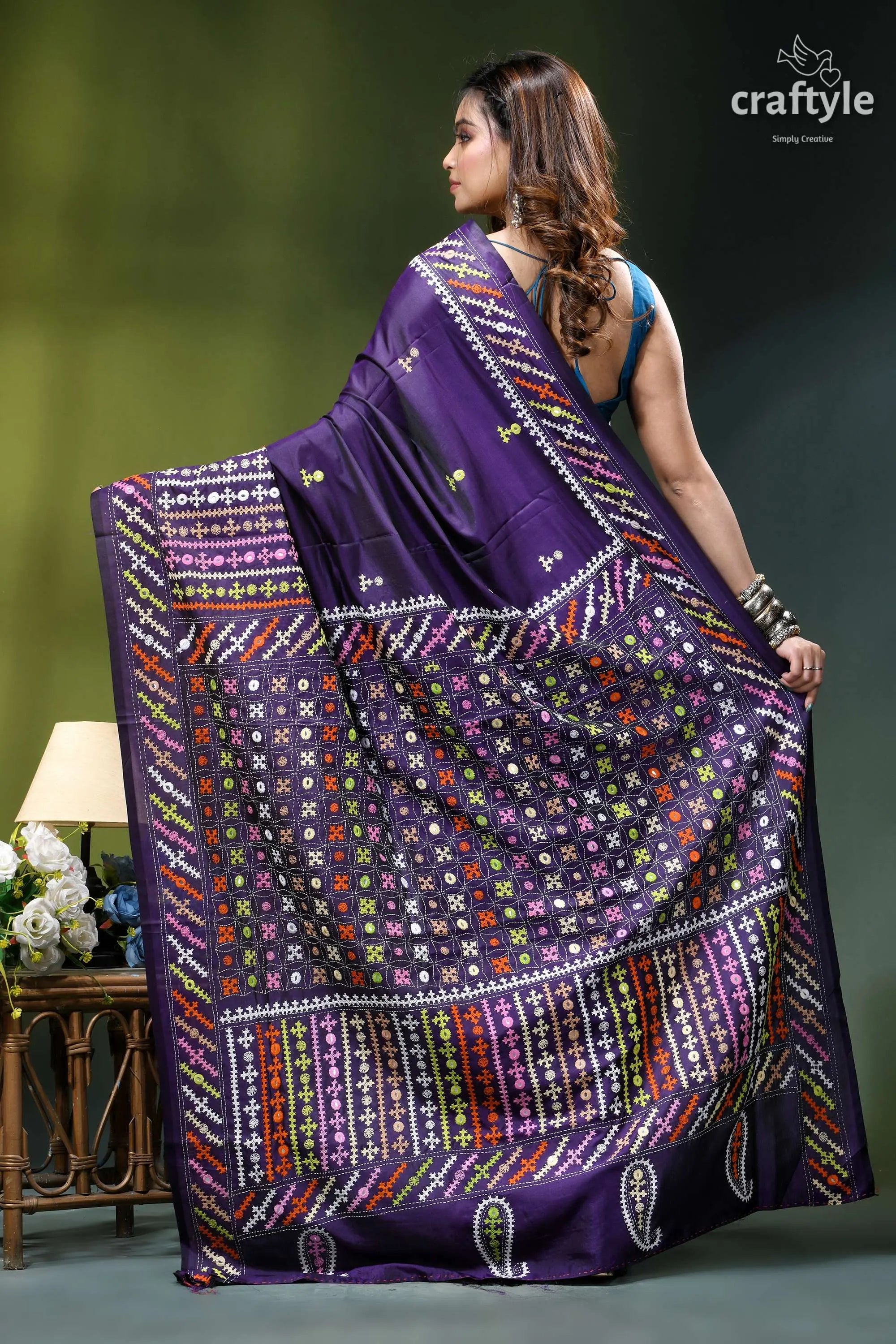 Russian violet multicolor thread kutch work silk saree - mirror purple saree intricate multicolored embroidery 5