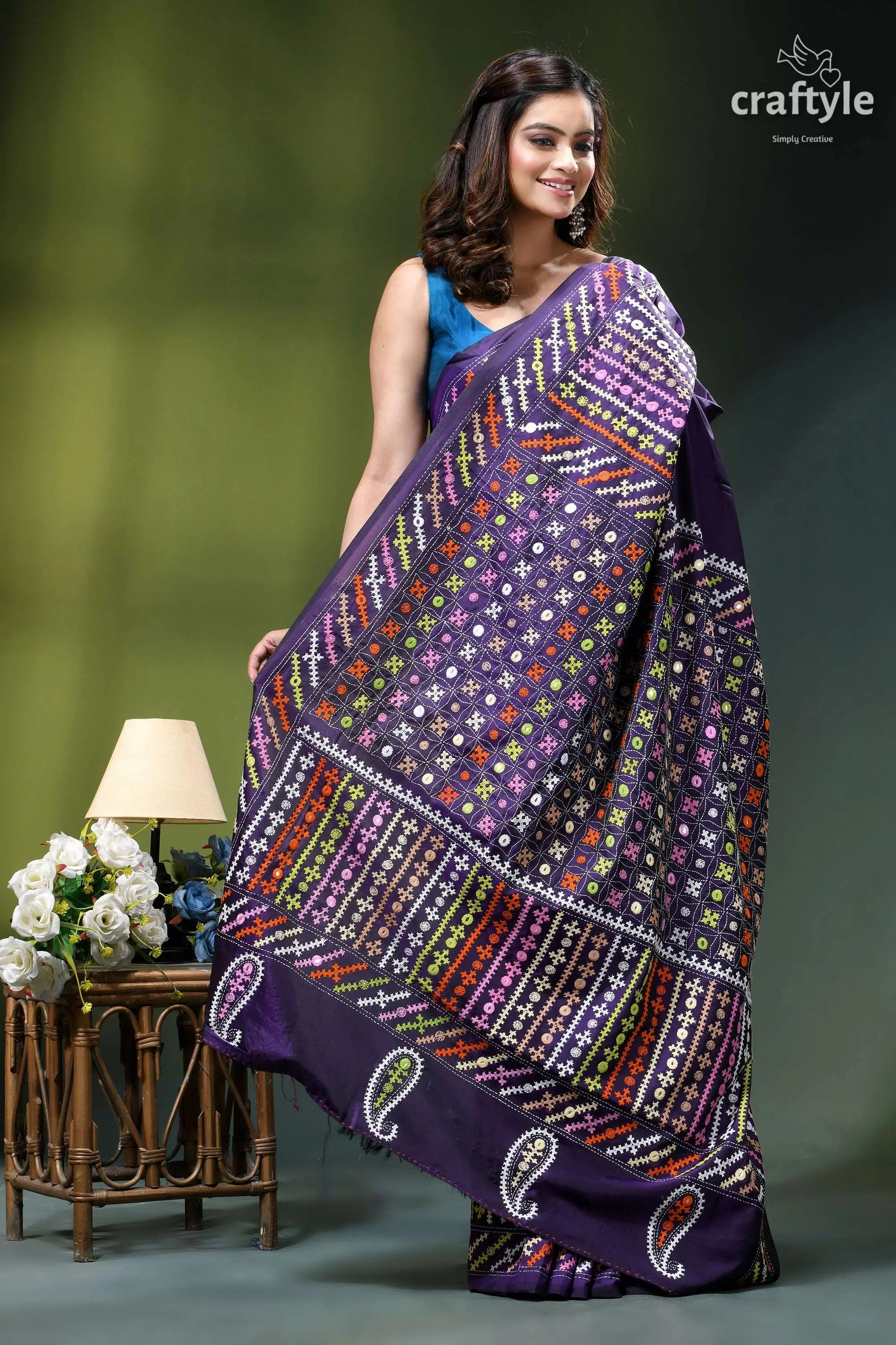 Russian violet multicolor thread kutch work silk saree - mirror purple embroidered saree intricate multicolored 4