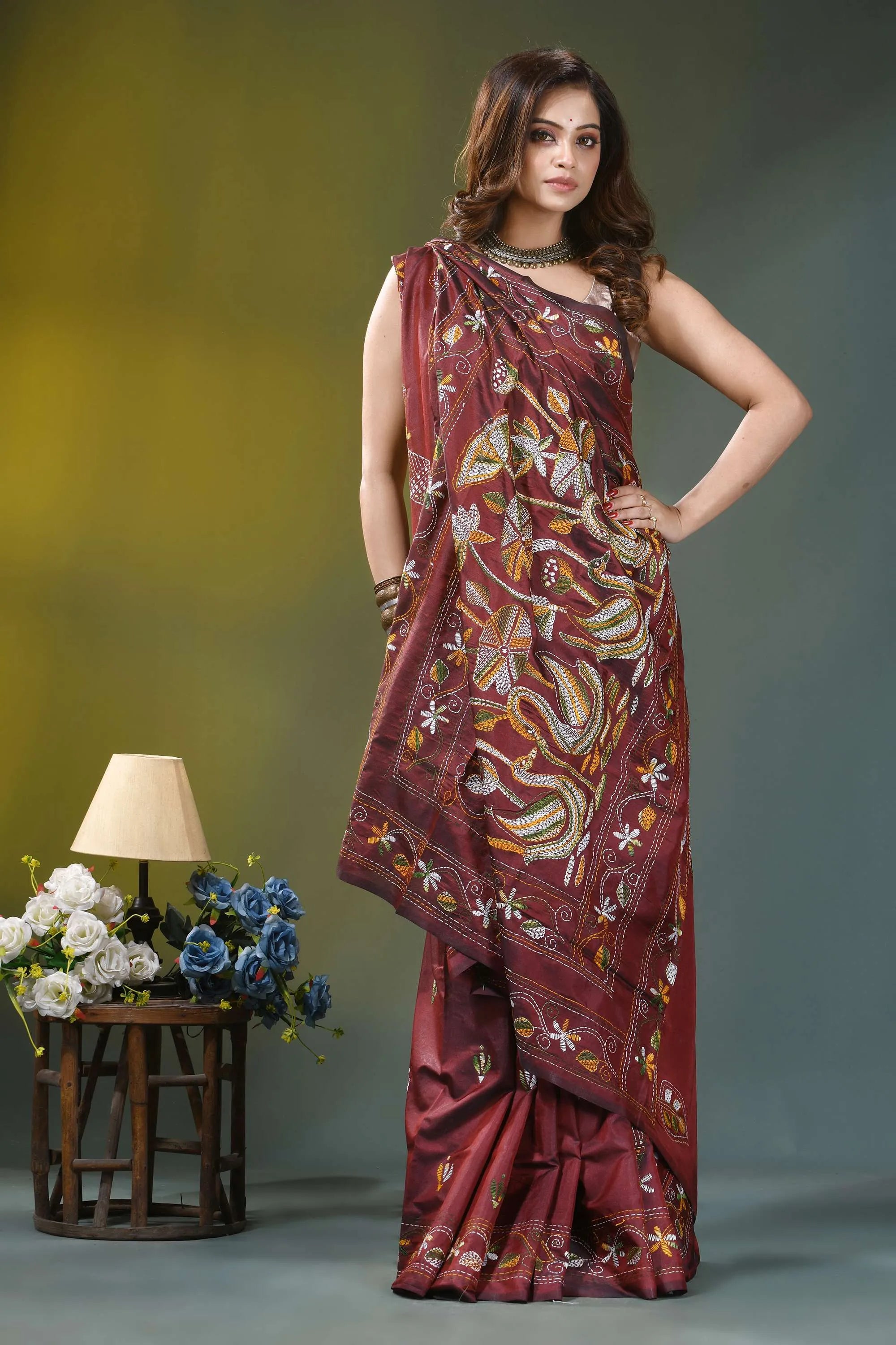 Rust maroon nature theme silk kantha work saree maroon silk saree intricate gold 4