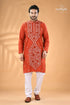 Rusty red hand kantha stitch cotton kurta for men men’s embroidered orange kurta white 1