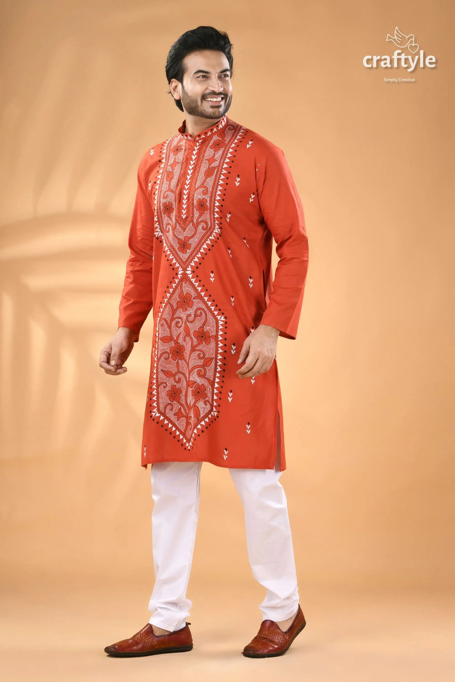 Rusty red hand kantha stitch cotton kurta for men man red embroidered kurta white 5