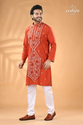 Rusty red hand kantha stitch cotton kurta for men man red embroidered kurta white 5