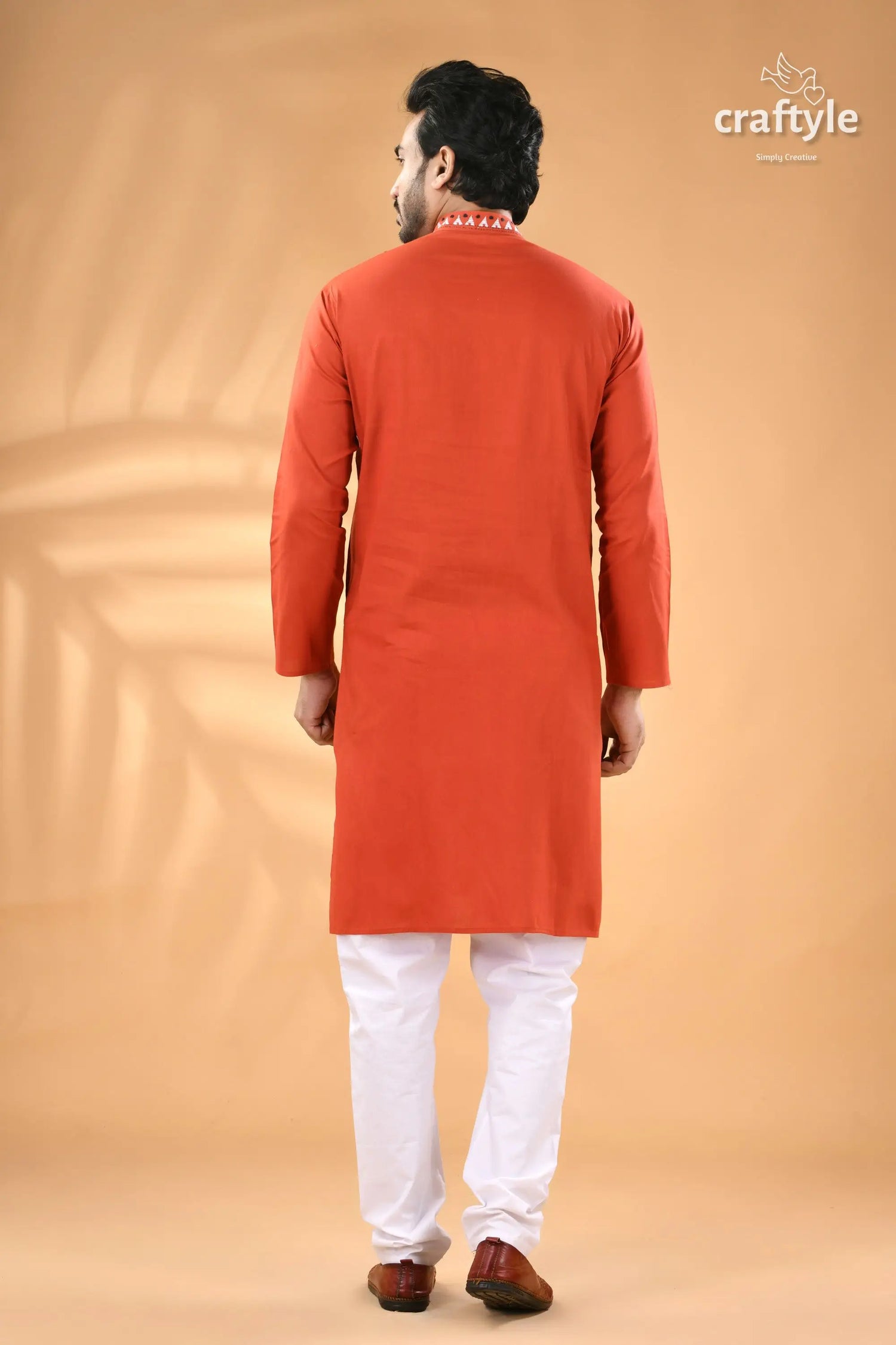 Rusty red hand kantha stitch cotton kurta for men men’s orange kurta white churidar 6