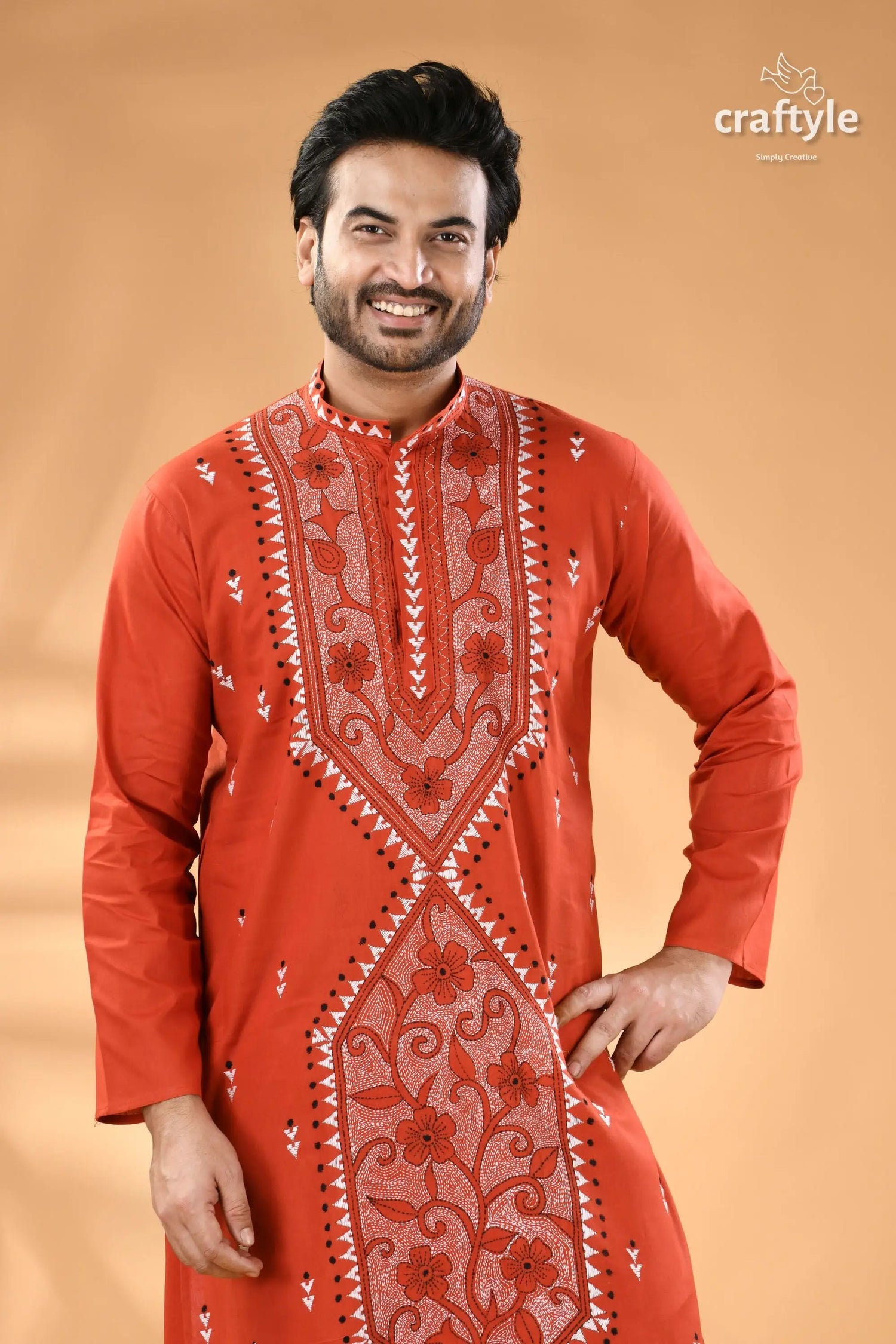 Rusty red hand kantha stitch cotton kurta for men men’s red embroidered cotton kurta 2