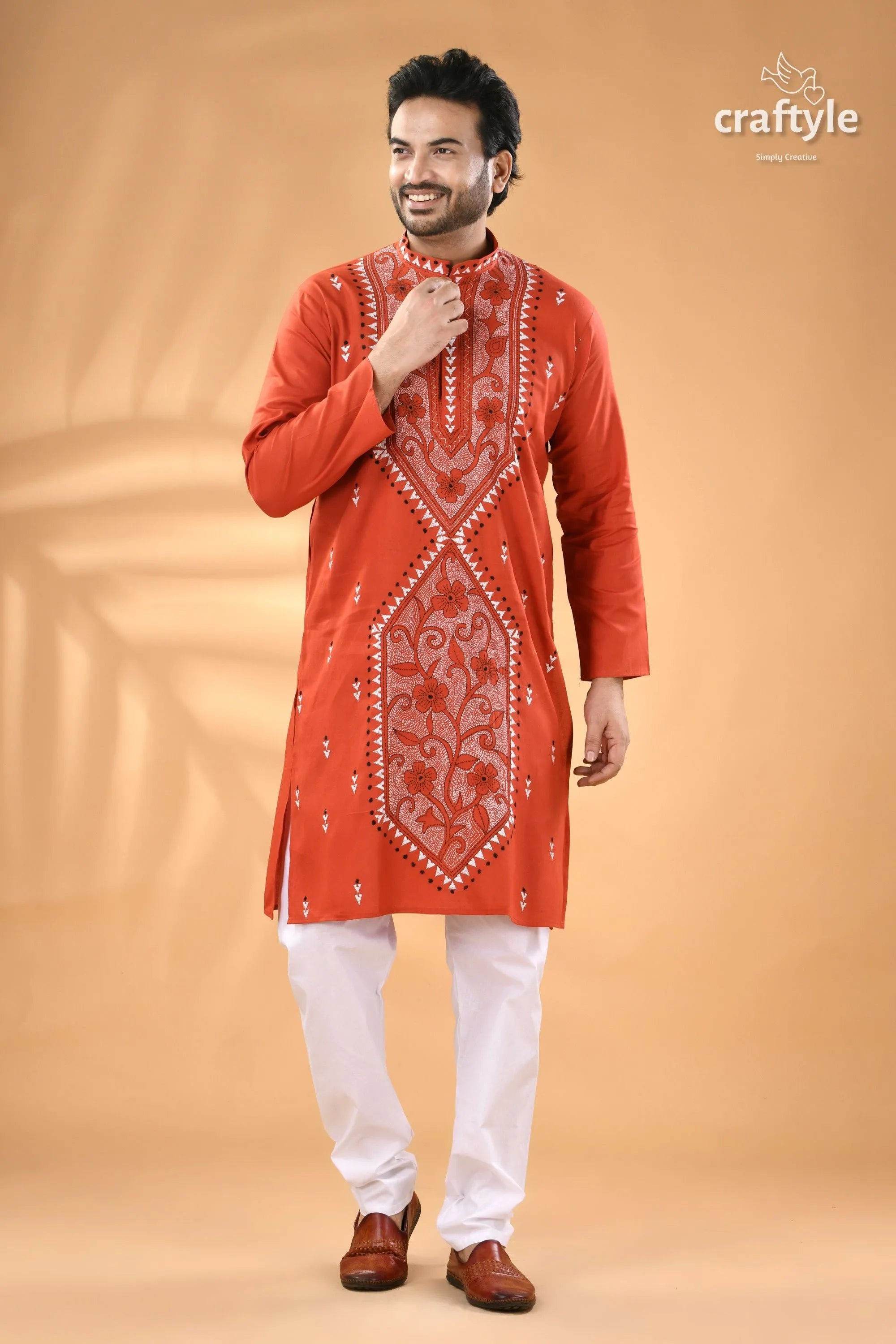Rusty red hand kantha stitch cotton kurta for men men’s orange intricate white 3