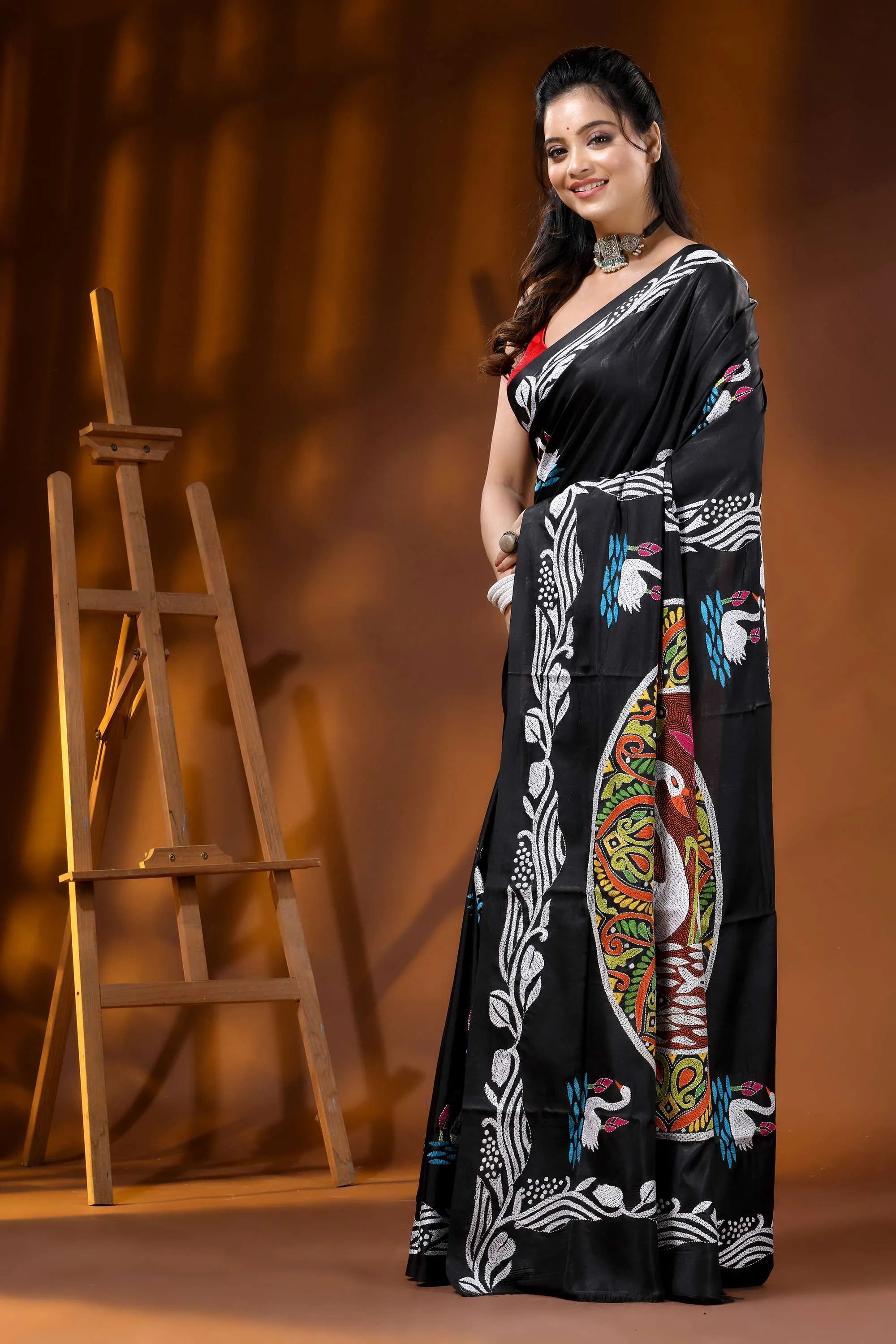 Sable black artisanal swan motif hand embroidered silk kantha saree 3