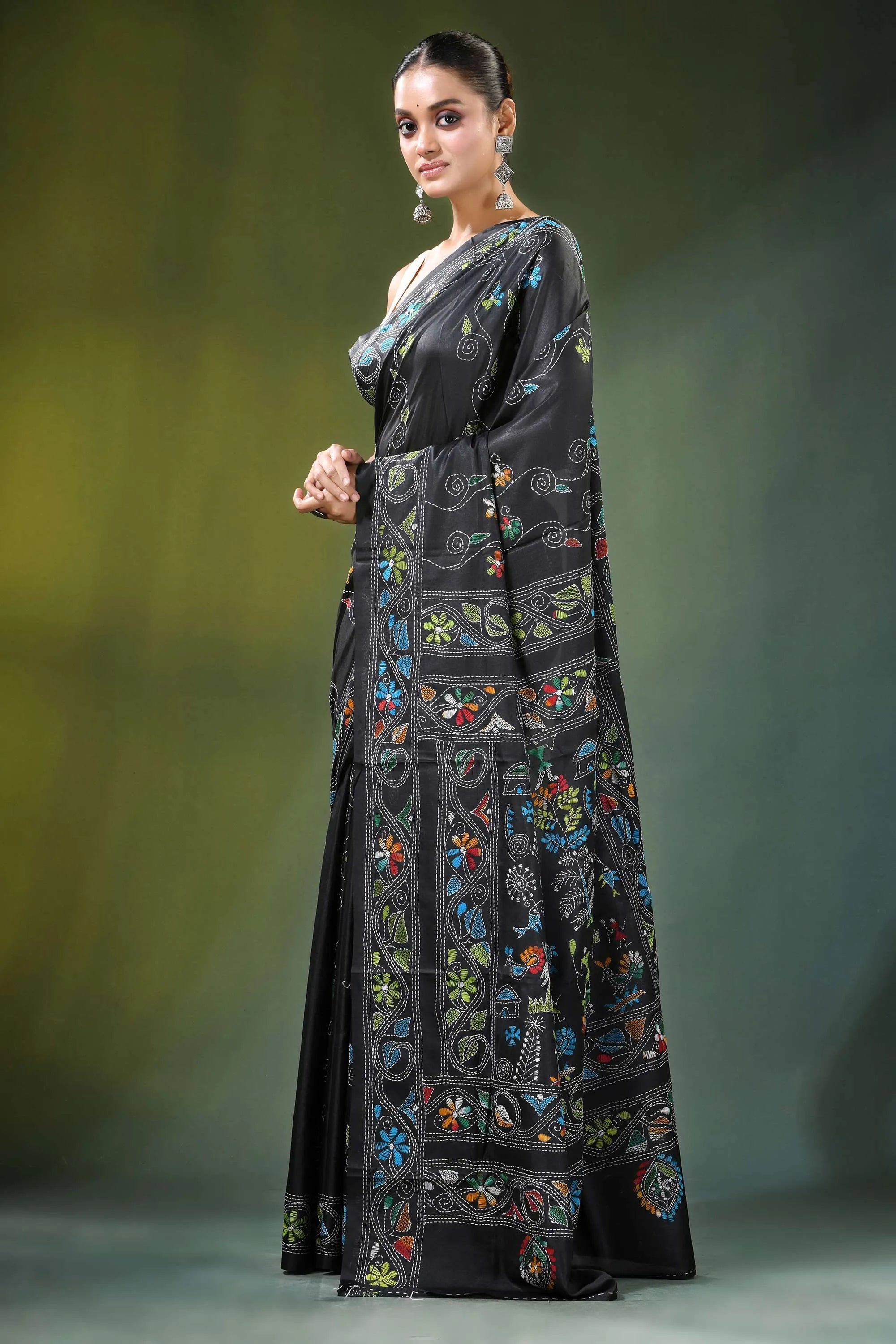 Sable black multicolor village theme silk kantha saree intricate multicolored 3