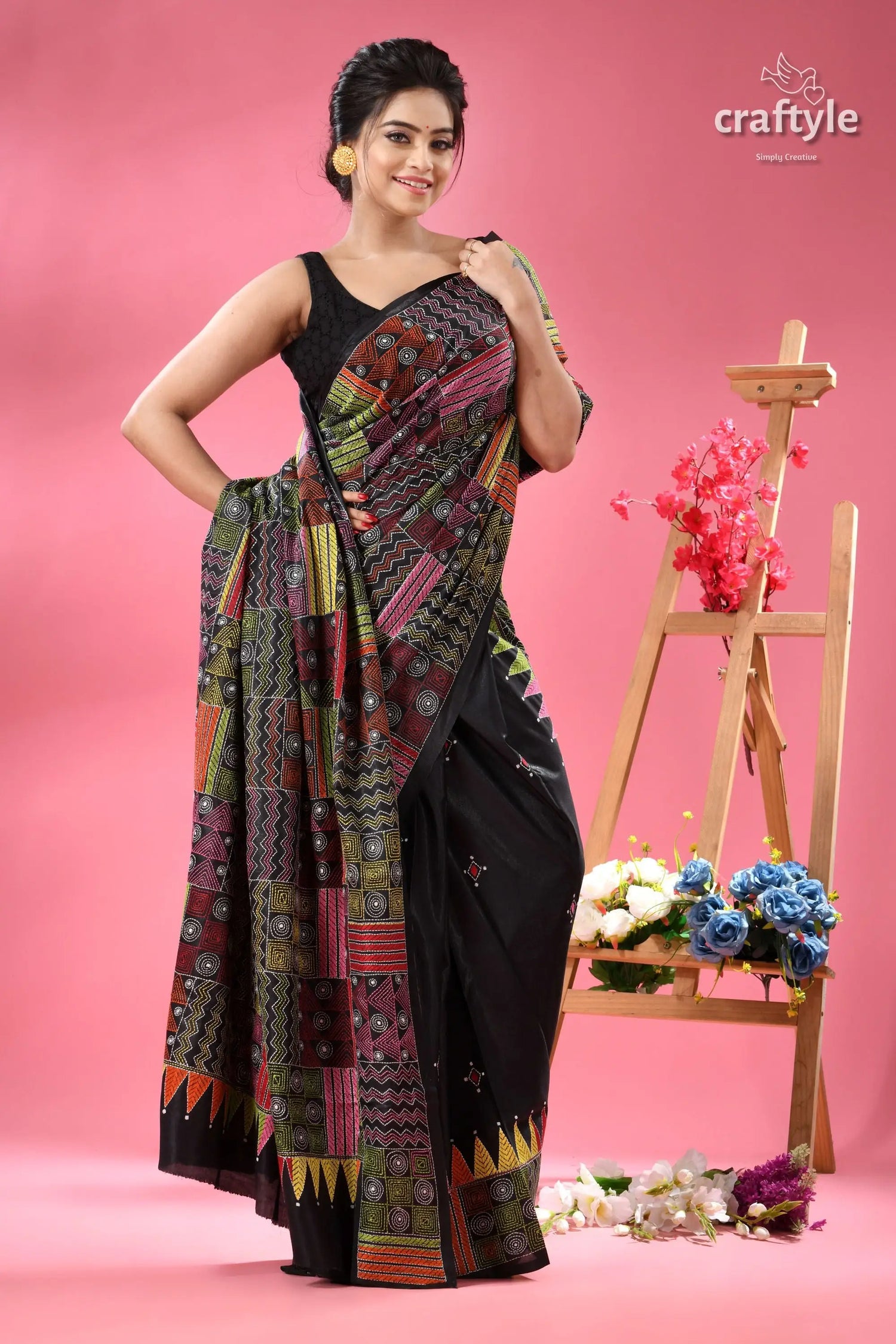 Sable black silk kantha stitch saree geometric design woman black sleeveless blouse saree 4