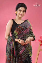 Sable black silk kantha stitch saree geometric design woman black multi colored embroidered saree 2