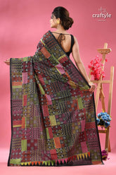 Sable black silk kantha stitch saree geometric design dark colored saree multi patterned patchwork style design 5