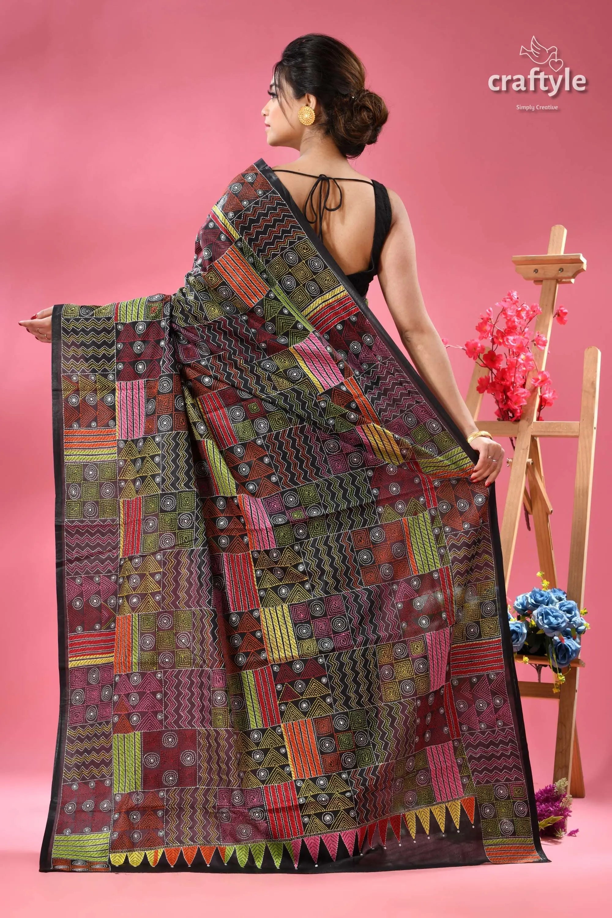 Sable black silk kantha stitch saree - geometric design dark-colored saree multi-patterned patchwork-style design 5
