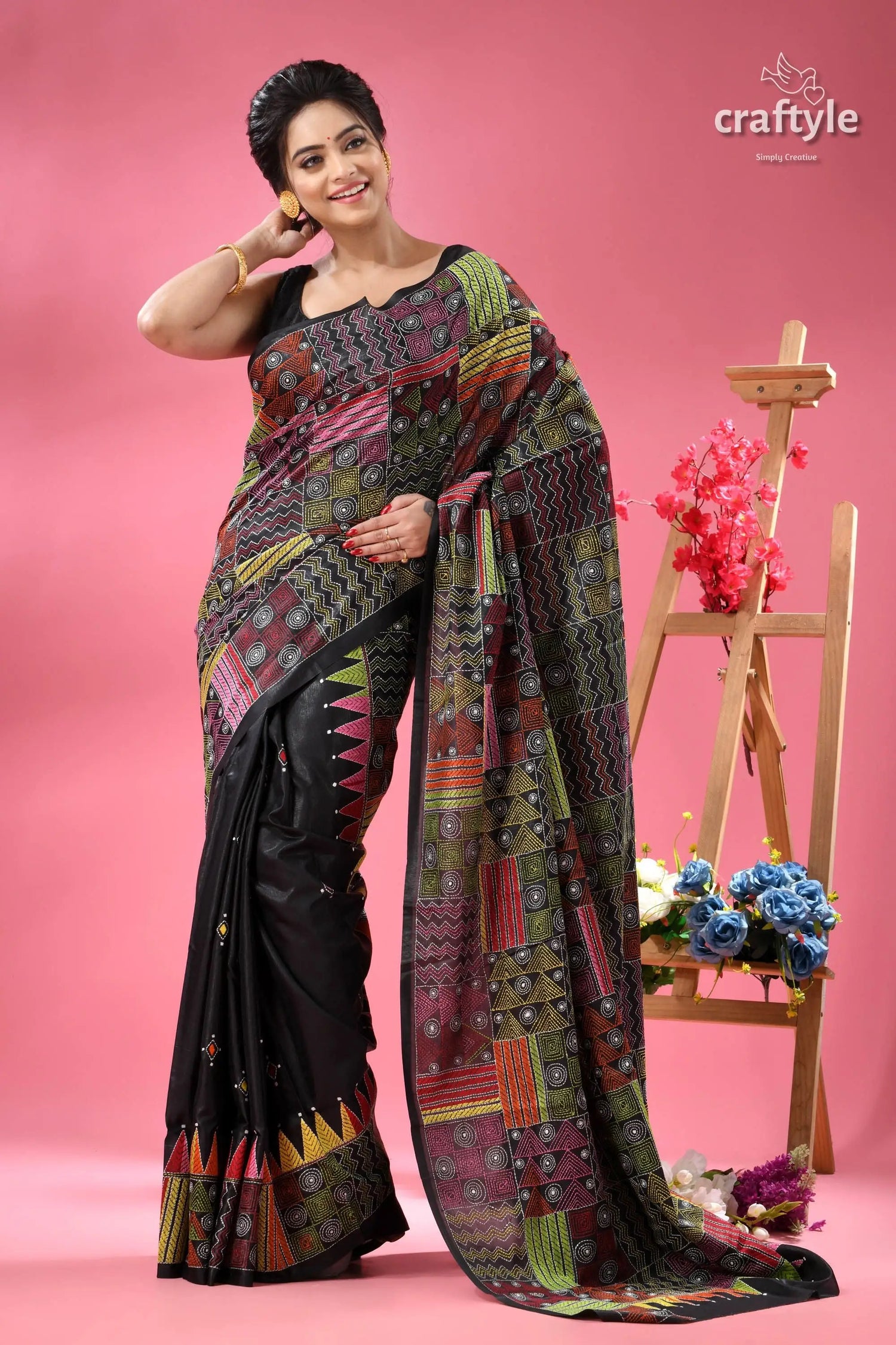 Sable black silk kantha stitch saree geometric design black silk saree colorful embroidered 6