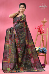 Sable black silk kantha stitch saree geometric design woman dark multicolored patterned saree 3