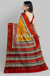 Saffron yellow pure tussar silk saree with hand block print and zari border woman yellow red patterned saree 6