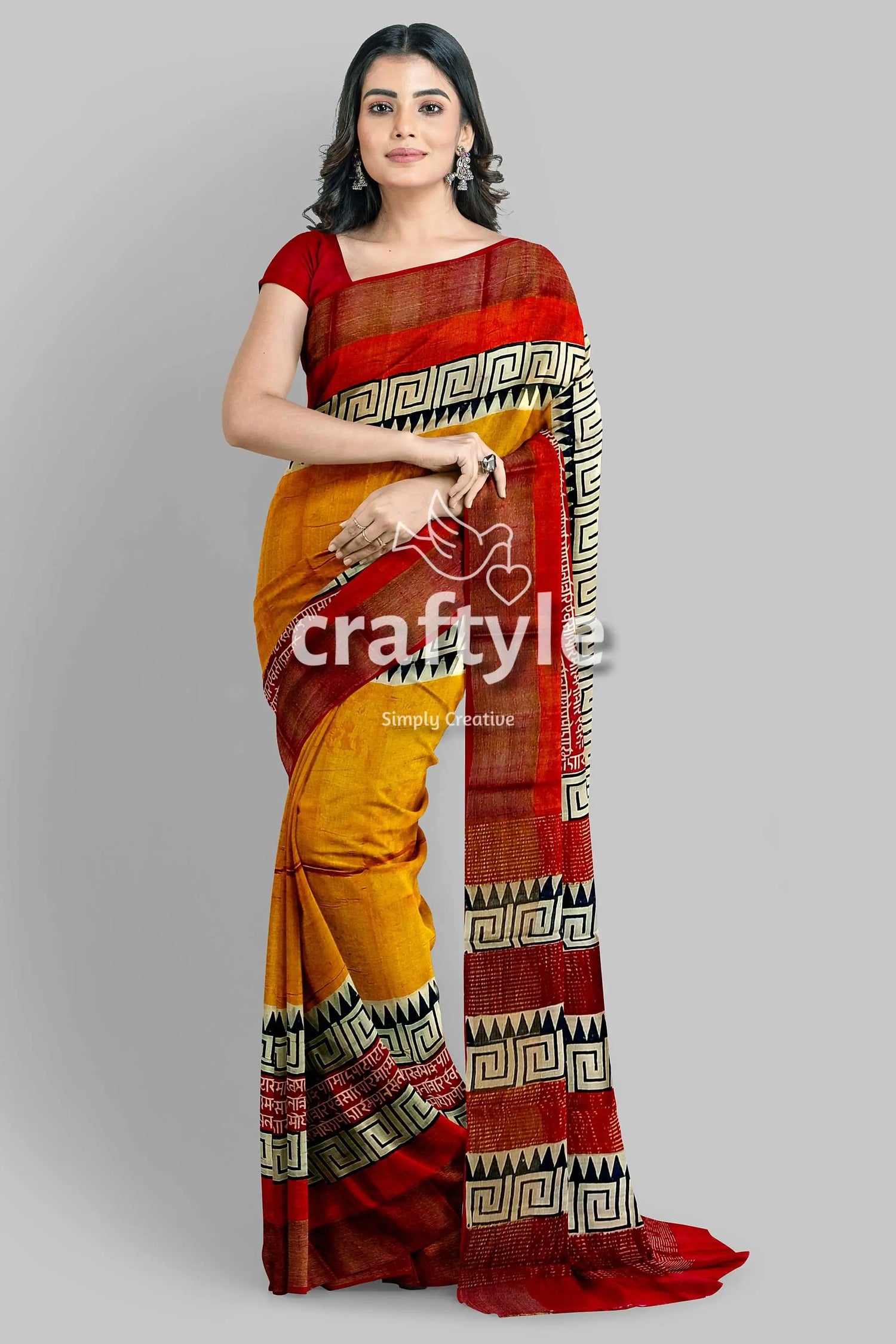 Saffron yellow pure tussar silk saree with hand block print and zari border woman yellow red saree 5