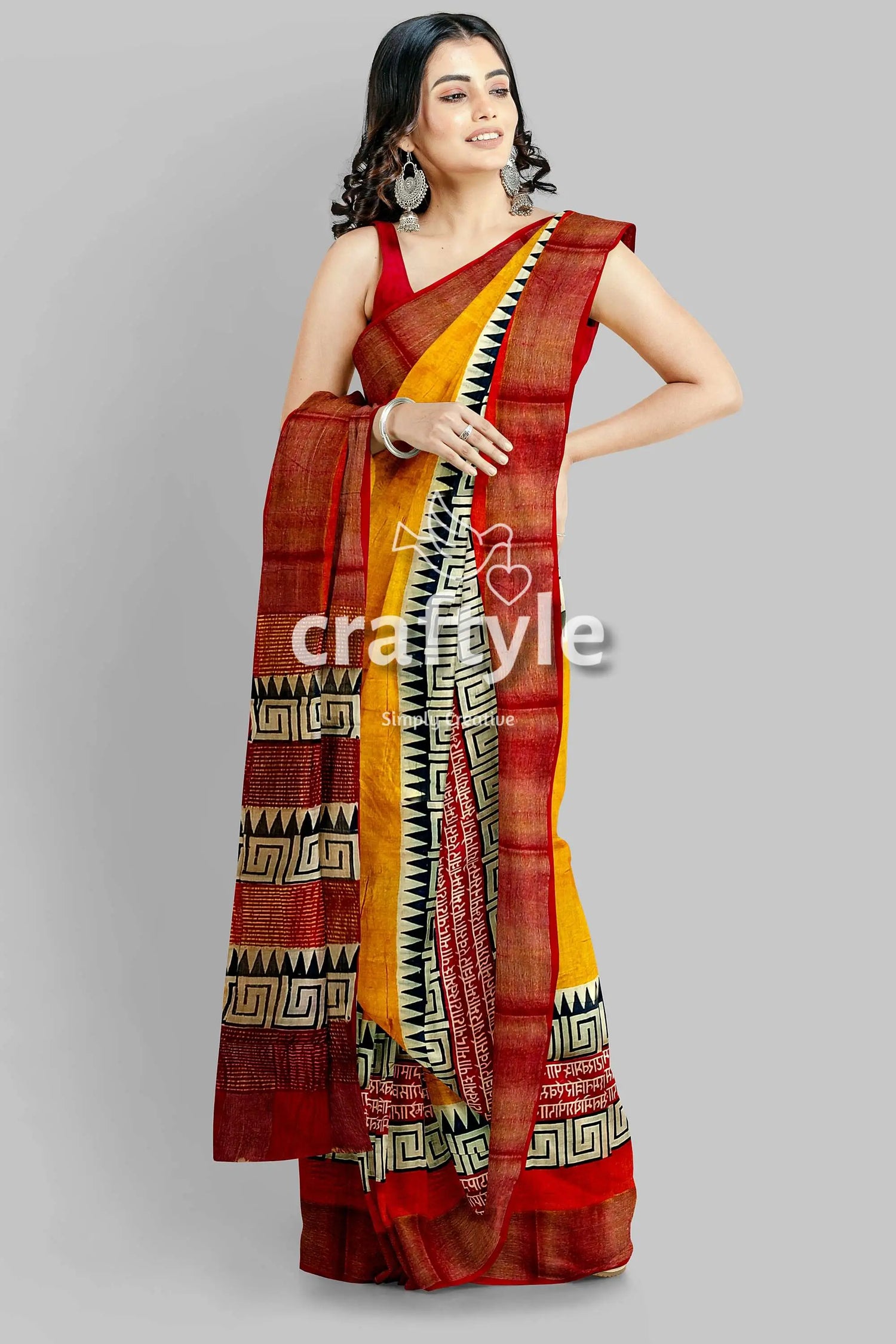 Saffron yellow pure tussar silk saree with hand block print and zari border woman yellow red patterned saree 2