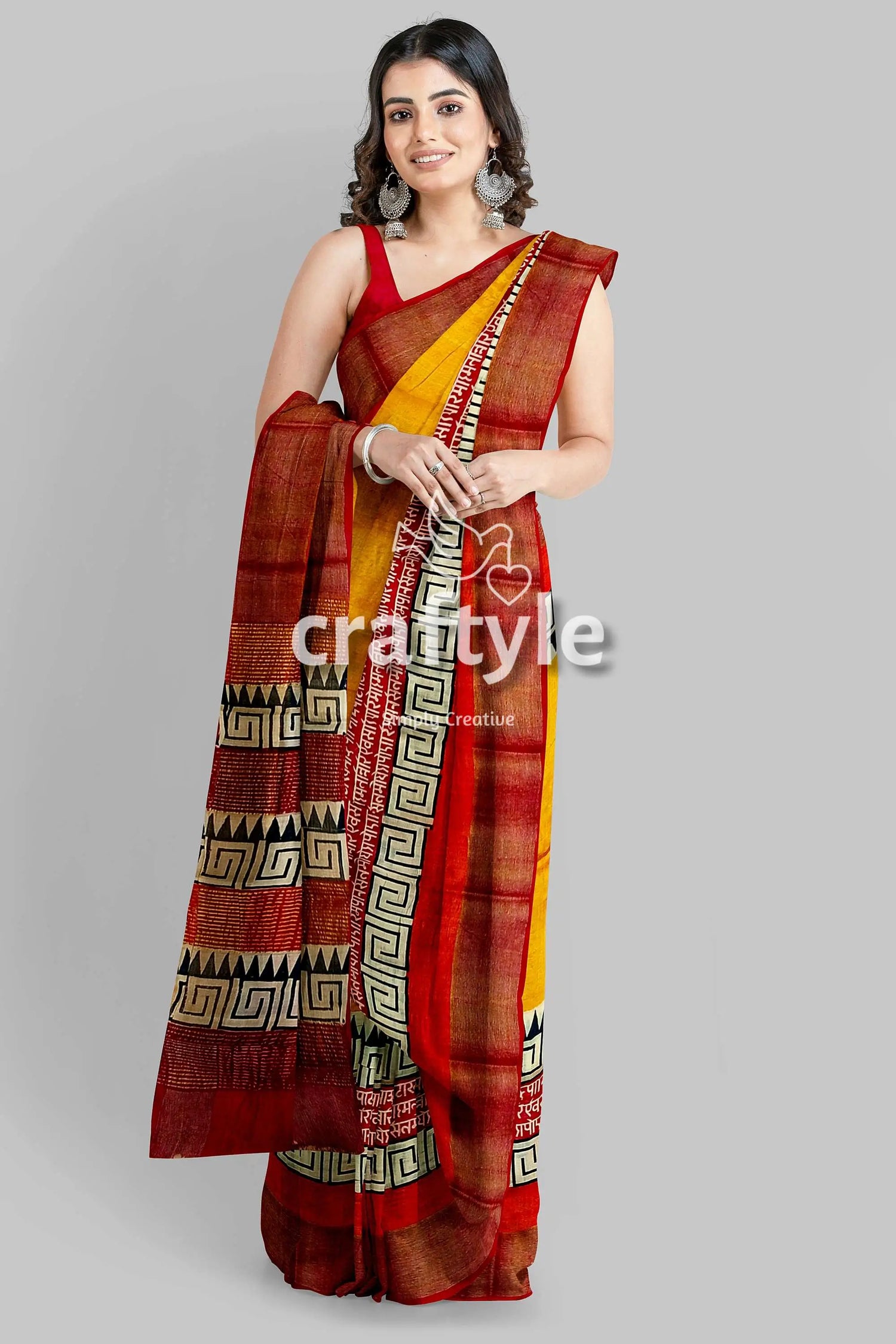 Saffron yellow pure tussar silk saree with hand block print and zari border woman yellow red saree 3