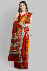 Saffron yellow pure tussar silk saree with hand block print and zari border woman yellow red saree 3