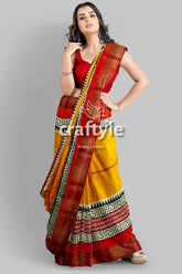 Saffron yellow pure tussar silk saree with hand block print and zari border woman red yellow black patterned 4