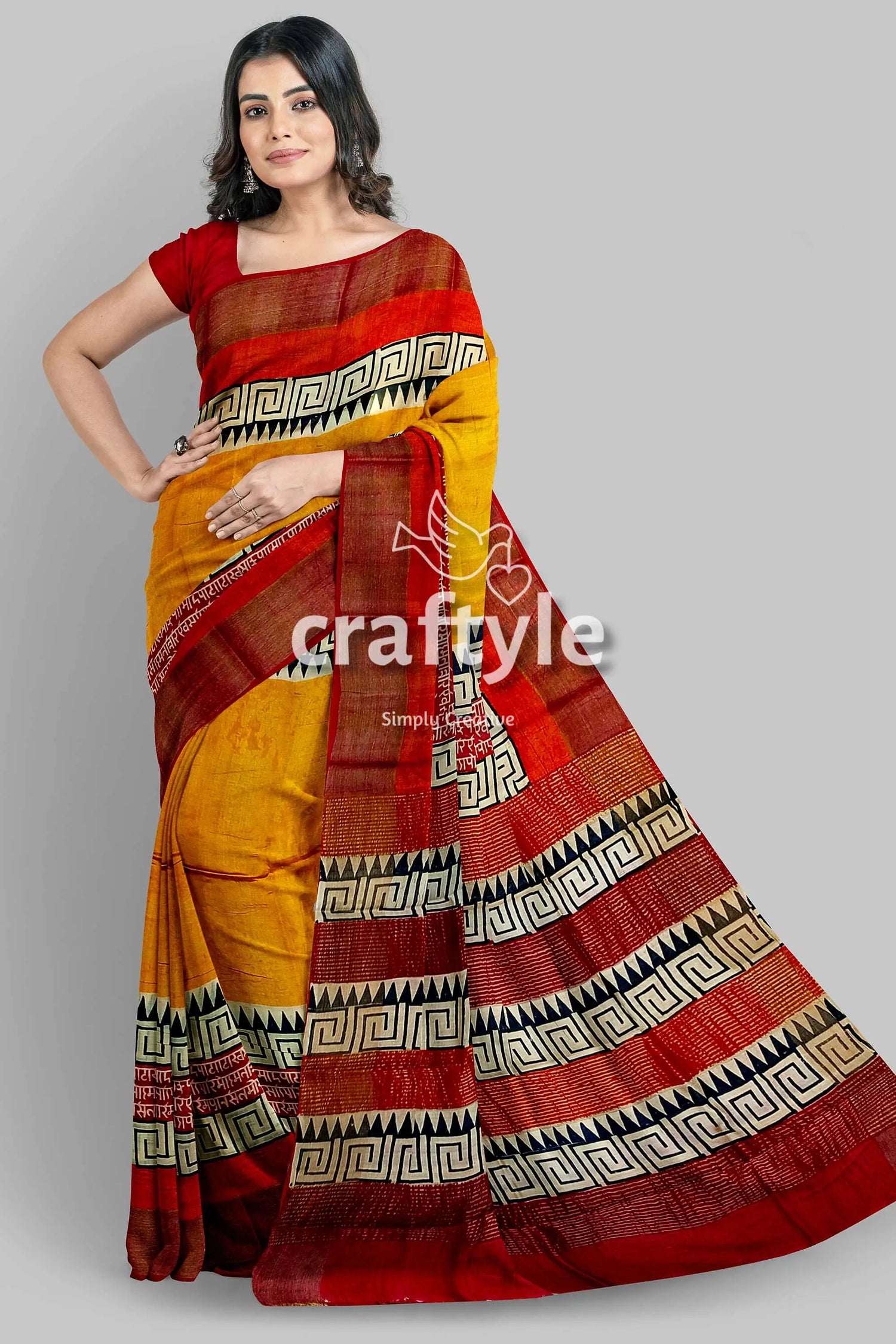 Saffron yellow pure tussar silk saree with hand block print and zari border yellow red saree geometric border 1