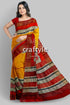 Saffron yellow pure tussar silk saree with hand block print and zari border yellow red saree geometric border 1