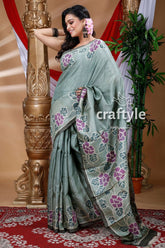 Sage green hand painted pure tussar silk saree floral-bordered gray saree 3