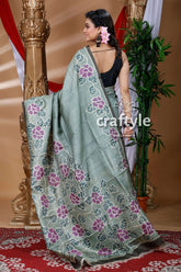 Sage green hand painted pure tussar silk saree floral-patterned gray saree 4