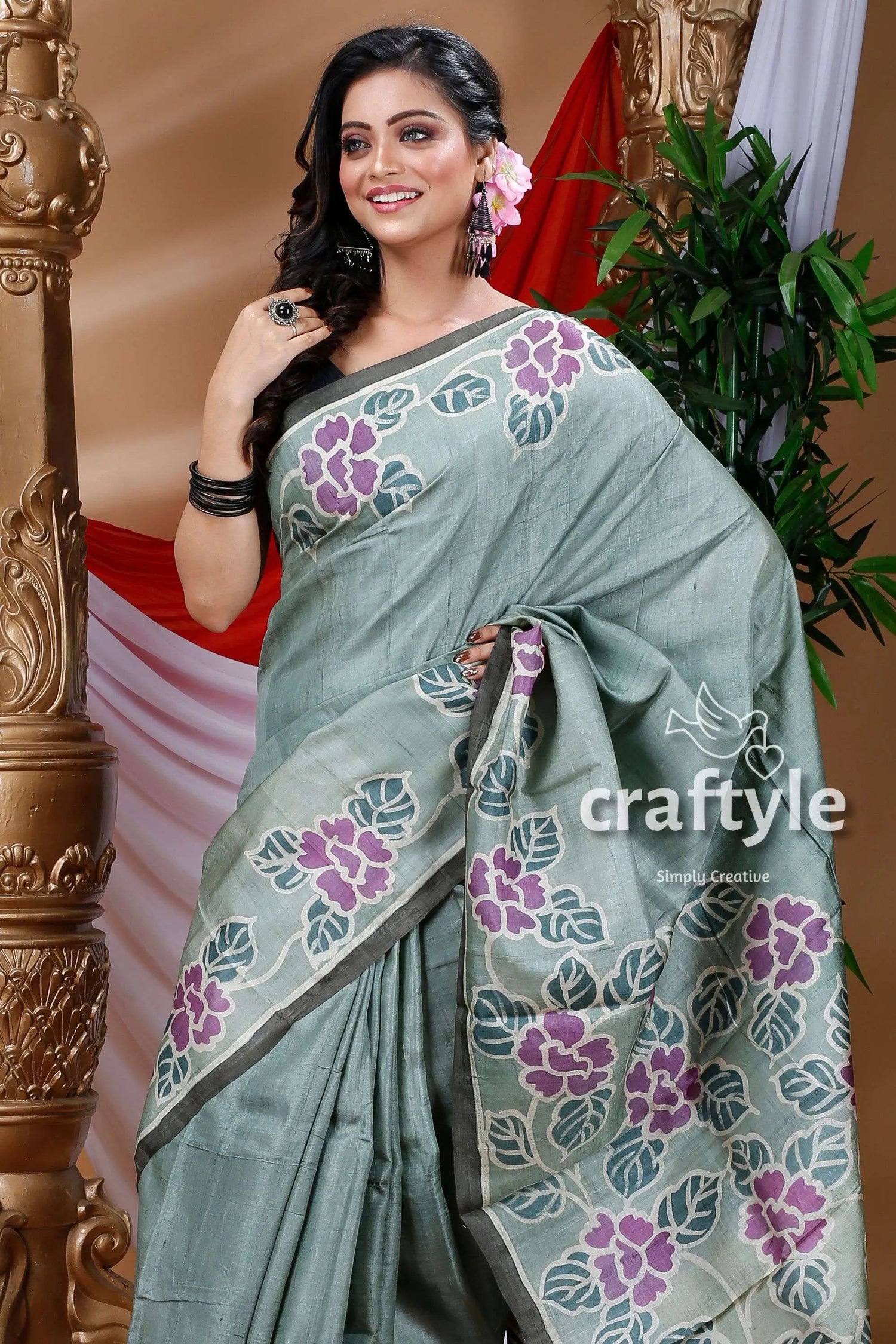 Sage green hand painted pure tussar silk saree woman floral-patterned saree 2