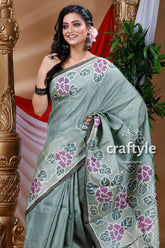 Sage green hand painted pure tussar silk saree woman floral-patterned saree 2