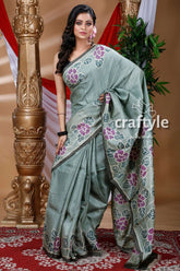 Sage green hand painted pure tussar silk saree gray saree floral pattern 1