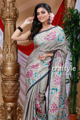 Sage green hand painted pure tussar silk saree gray saree floral pattern 2
