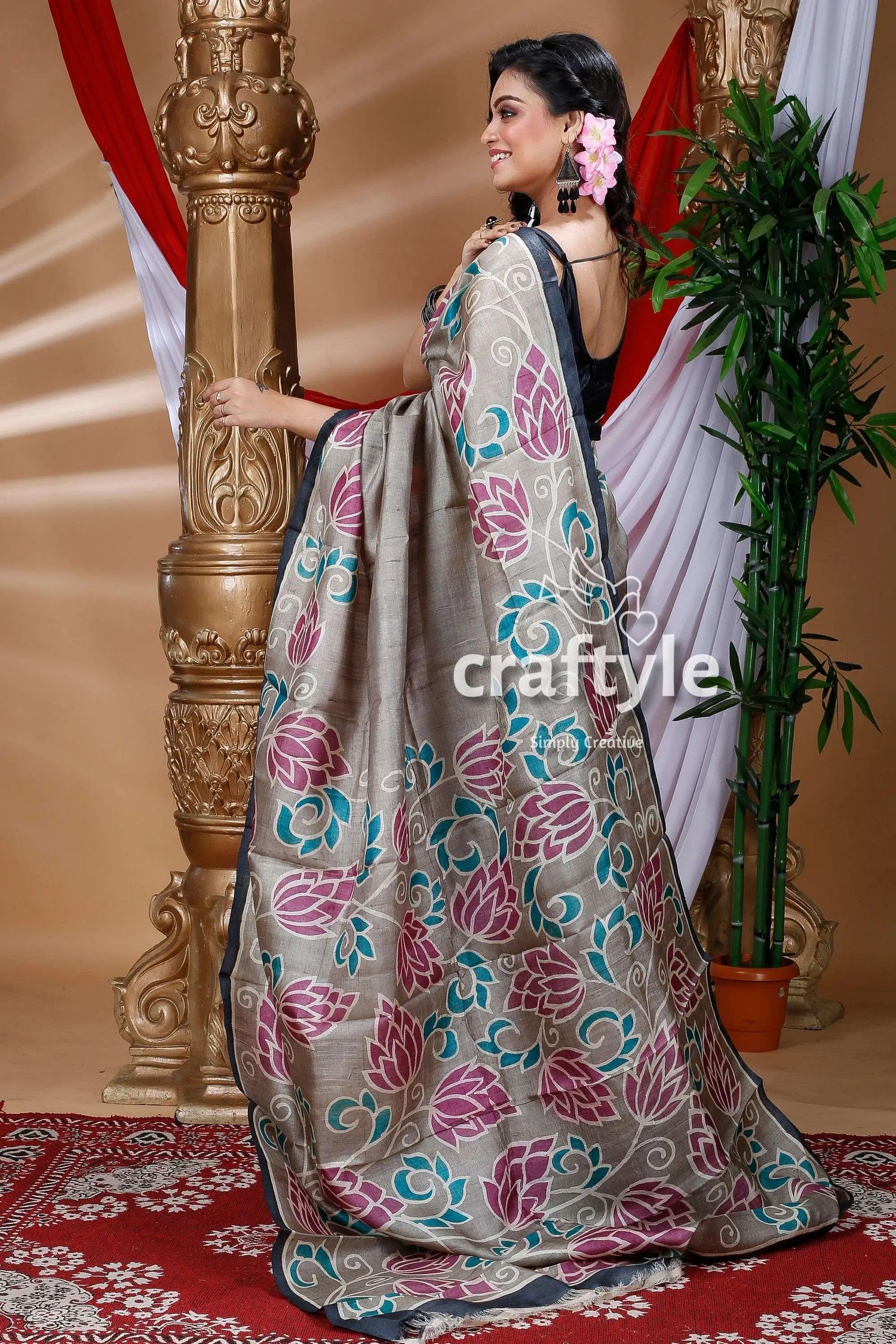 Sage green hand painted pure tussar silk saree floral-patterned saree 3