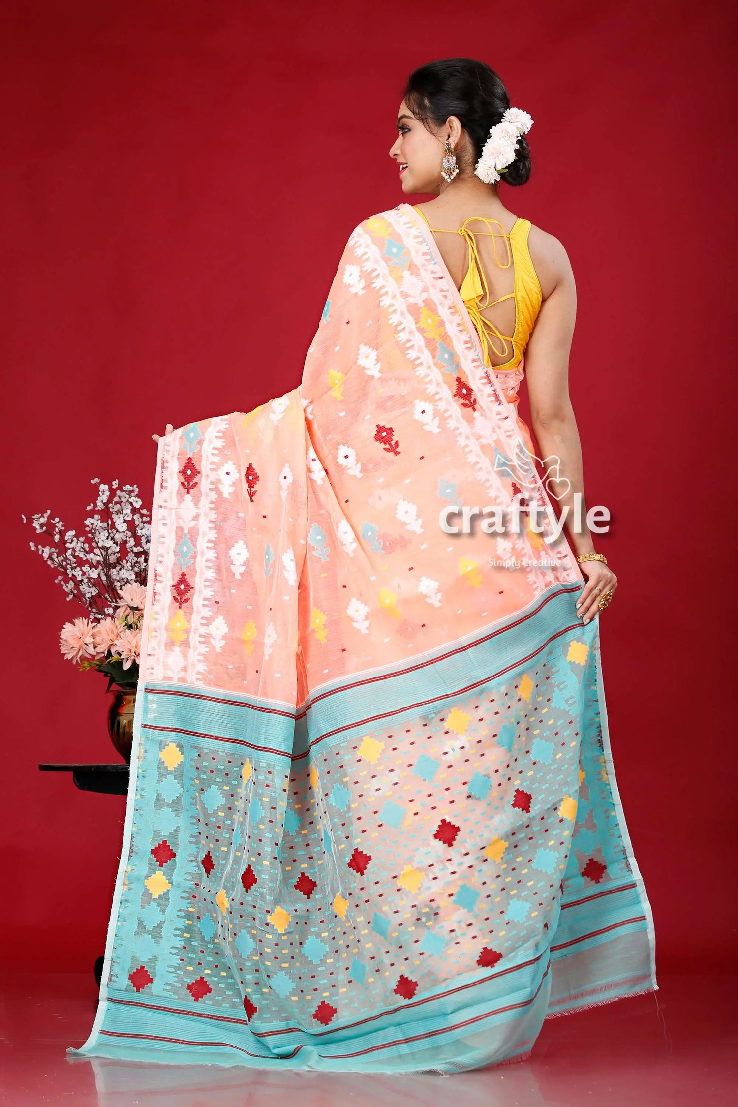 Salmon pink multicolor soft dhakai jamdani saree peach blue patterned saree 5