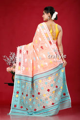 Salmon pink multicolor soft dhakai jamdani saree peach blue patterned saree 5