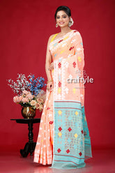Salmon pink multicolor soft dhakai jamdani saree woman peach-colored saree blue accents 3