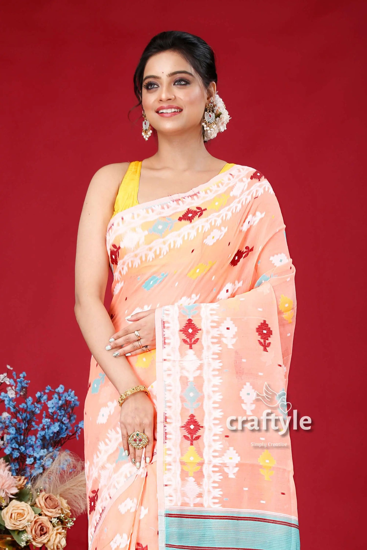 Salmon pink multicolor soft dhakai jamdani saree woman peach-colored saree 2