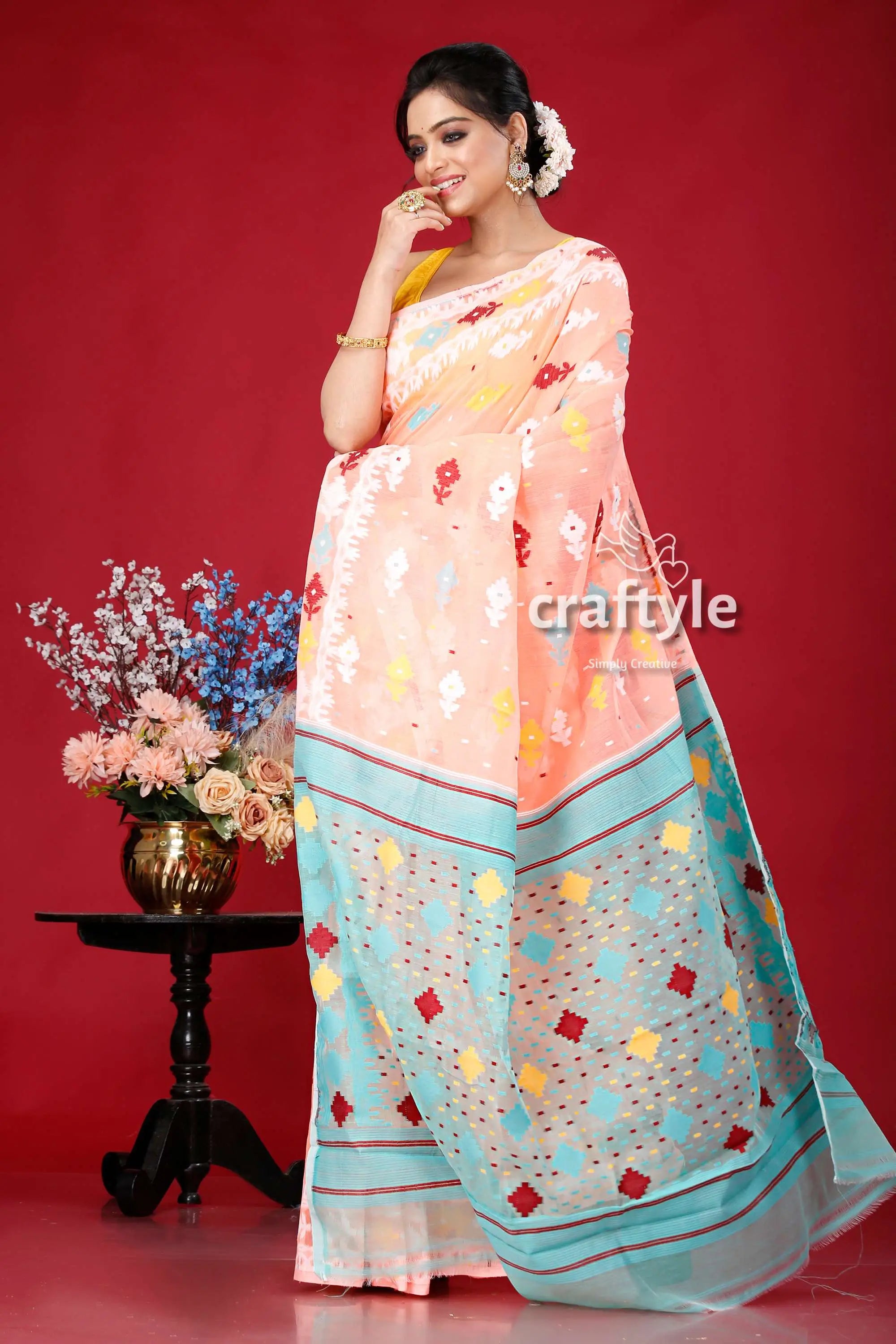 Salmon pink multicolor soft dhakai jamdani saree woman peach turquoise saree 4