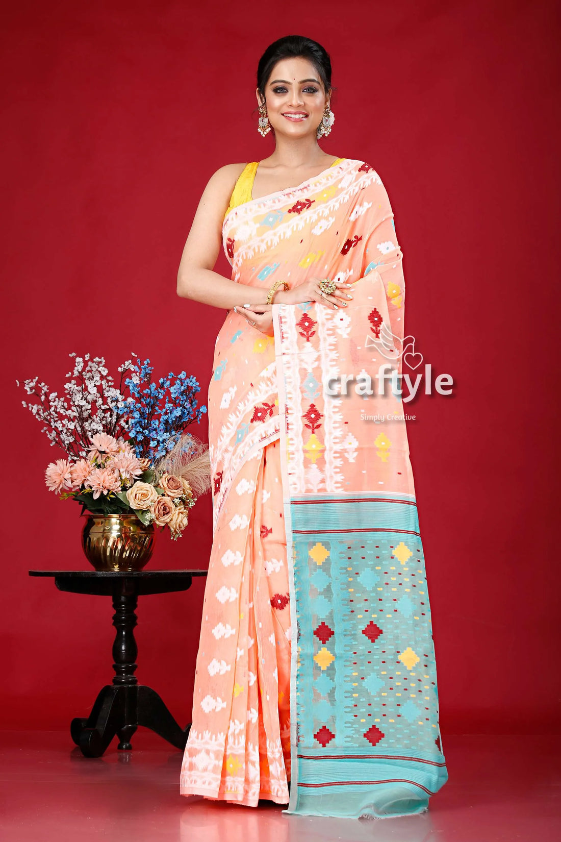 Salmon pink multicolor soft dhakai jamdani saree peach-colored blue border 1
