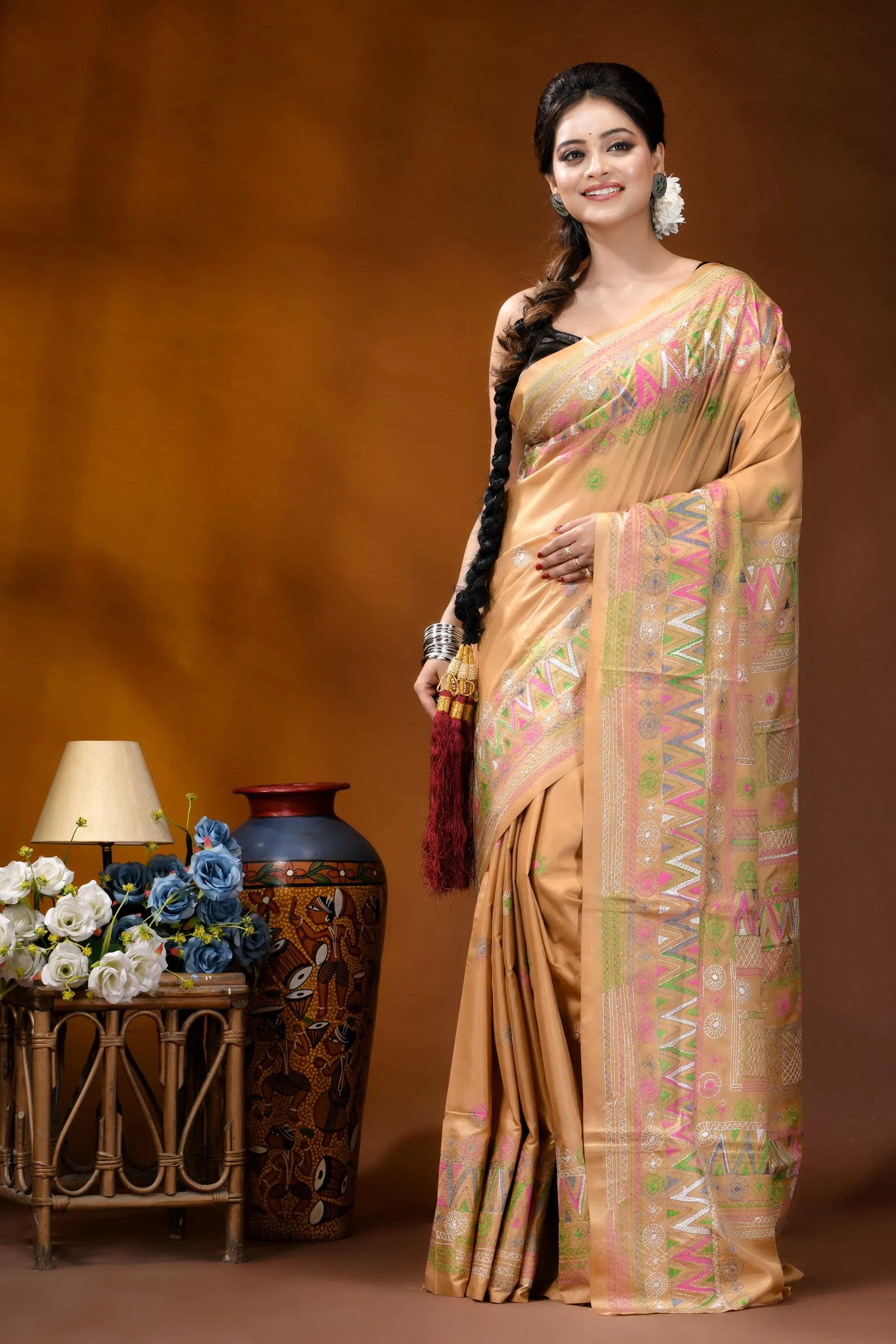 Sand beige multi-thread ethnic design handcrafted lambani silk saree woman wears beige silk saree 6