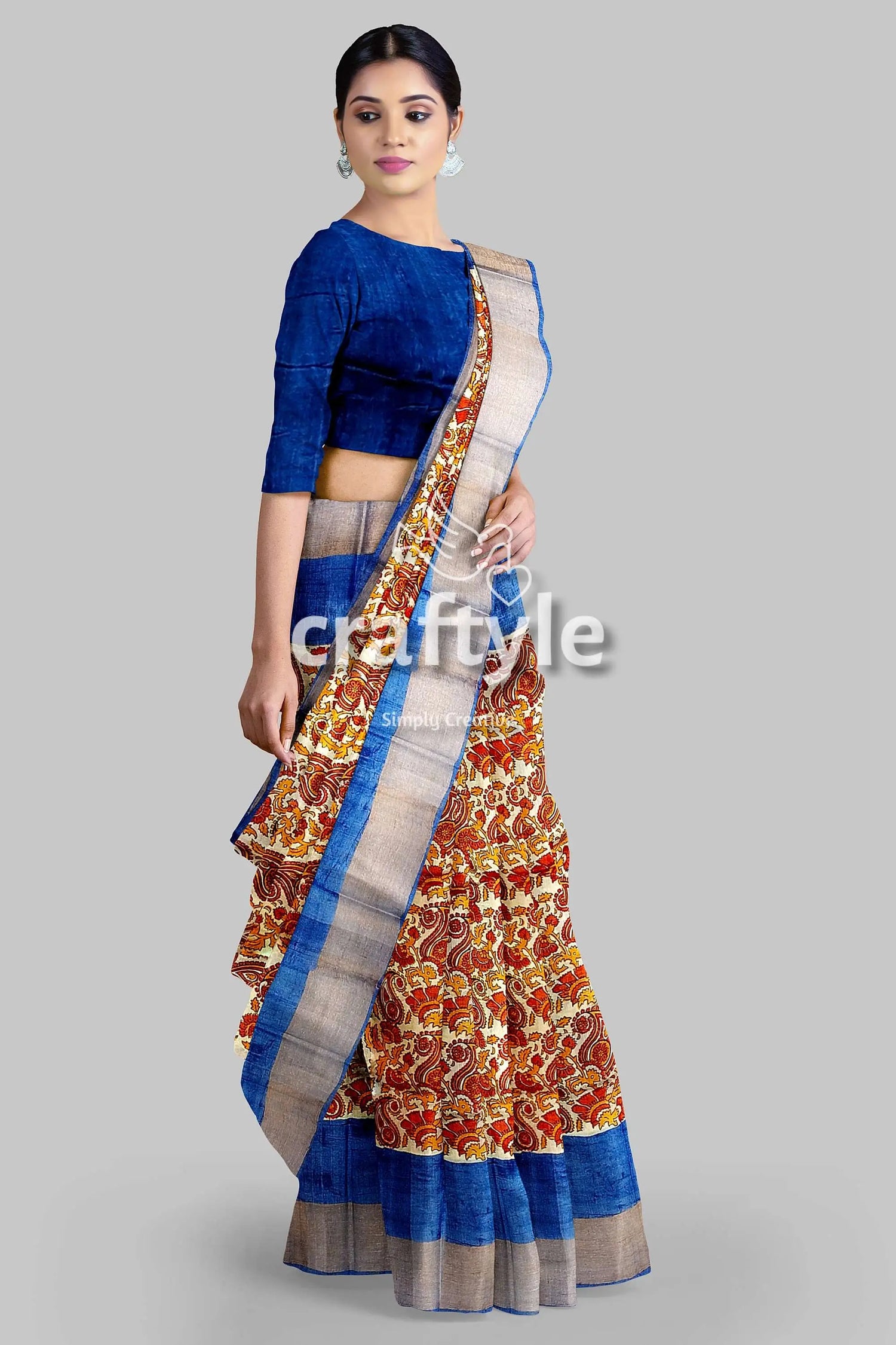 Sand brown hand block print pure tussar silk saree with zari border woman blue floral saree 1