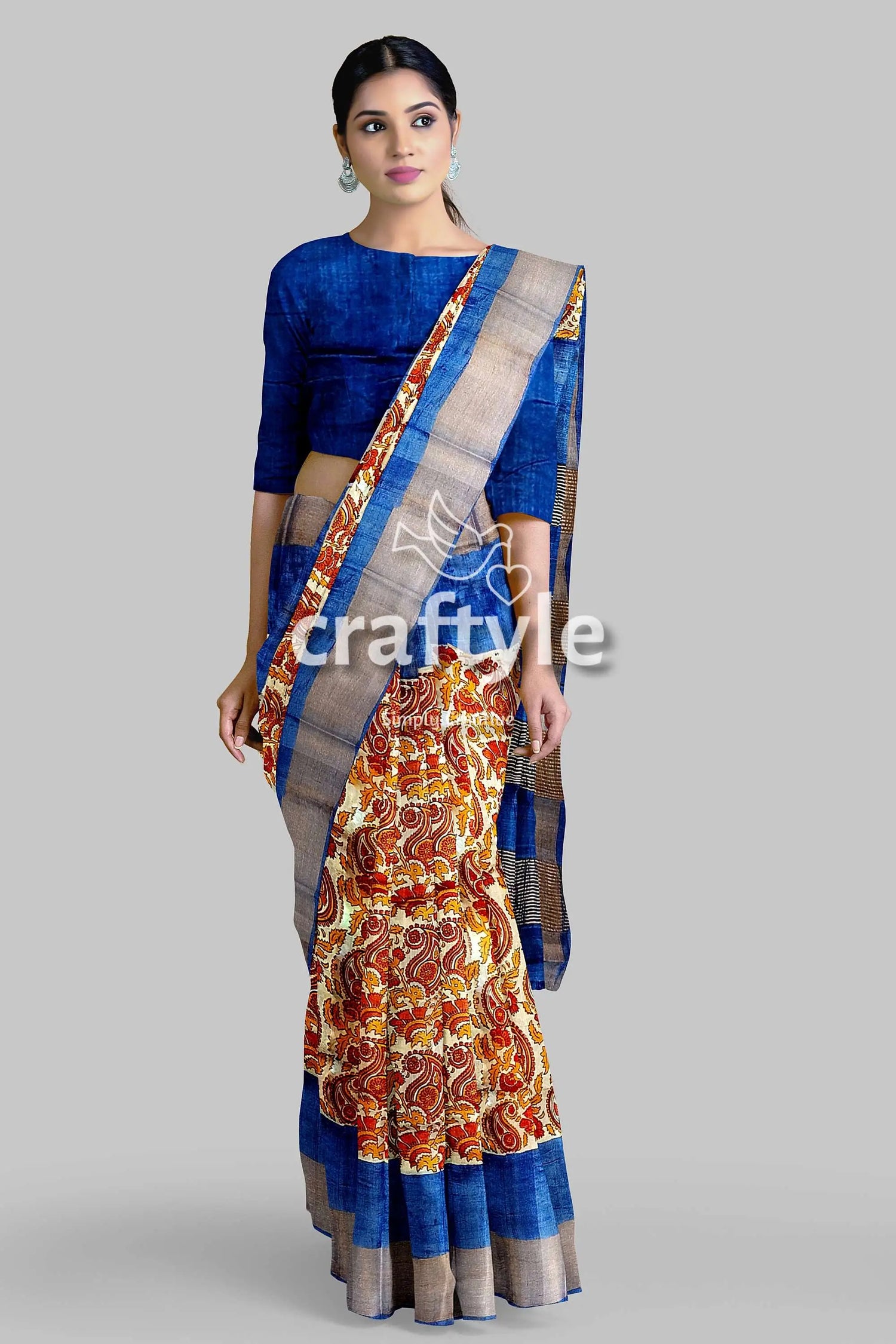 Sand brown hand block print pure tussar silk saree with zari border woman blue patterned saree 2