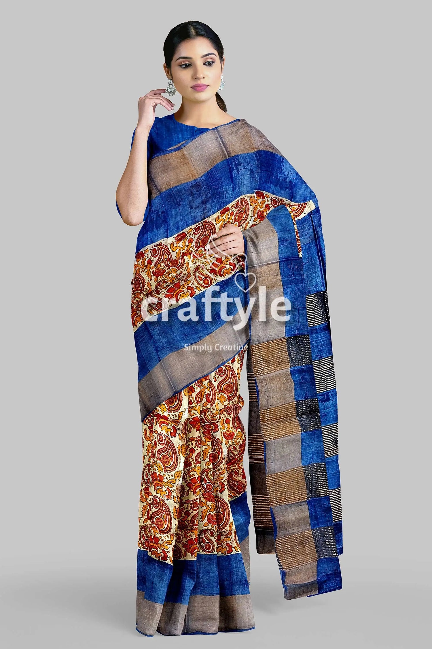 Sand brown hand block print pure tussar silk saree with zari border woman blue paisley saree 4