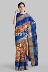 Sand brown hand block print pure tussar silk saree with zari border woman blue paisley saree 4