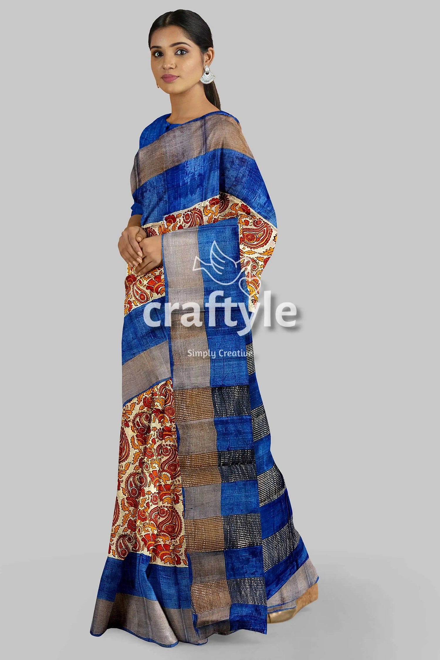 Sand brown hand block print pure tussar silk saree with zari border woman patchwork saree 3