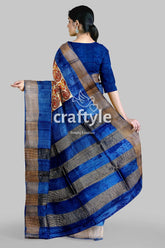Sand brown hand block print pure tussar silk saree with zari border blue brown striped saree 5