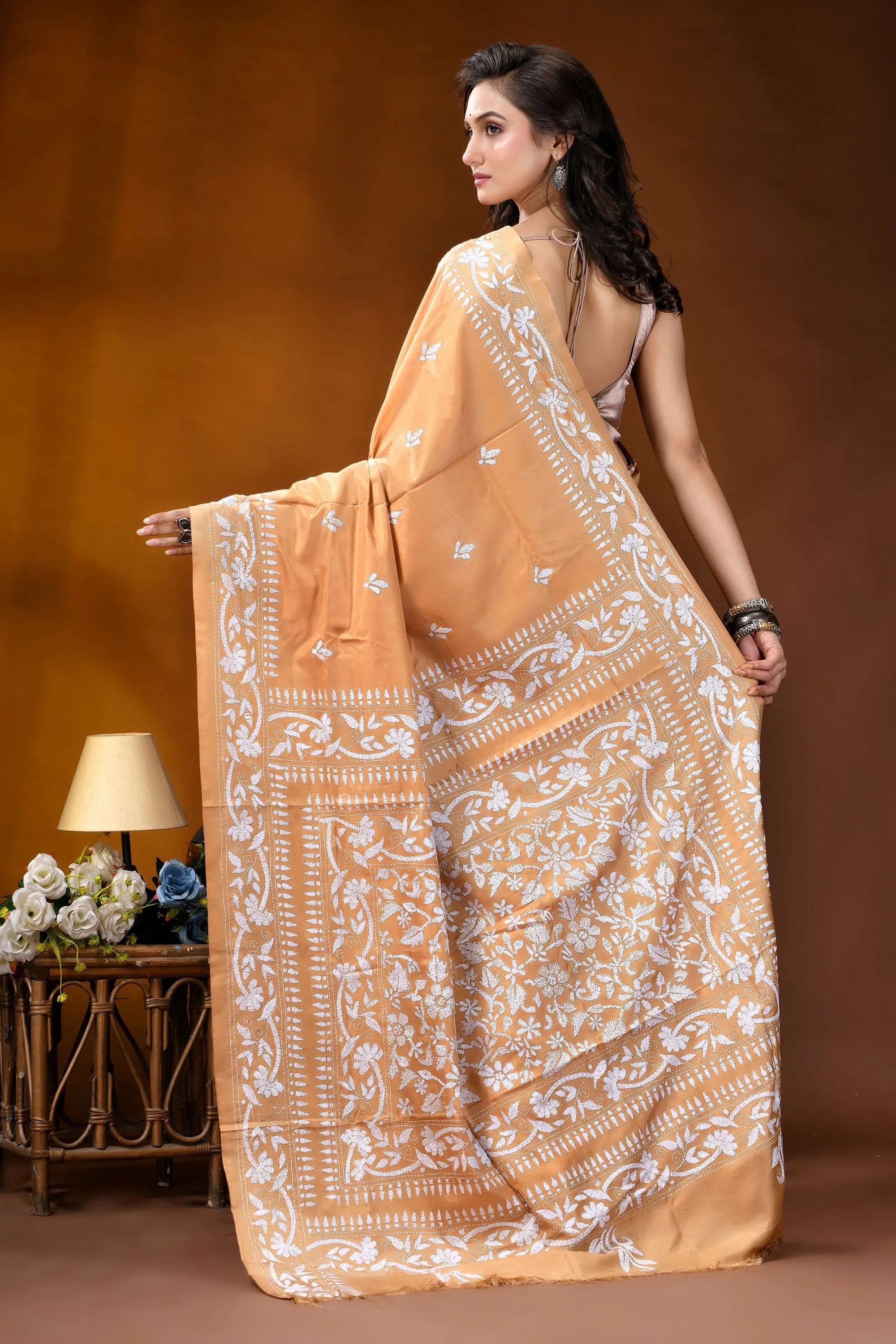 Sand brown white thread floral design handcrafted silk kantha saree soft peach-colored saree intricate white 5